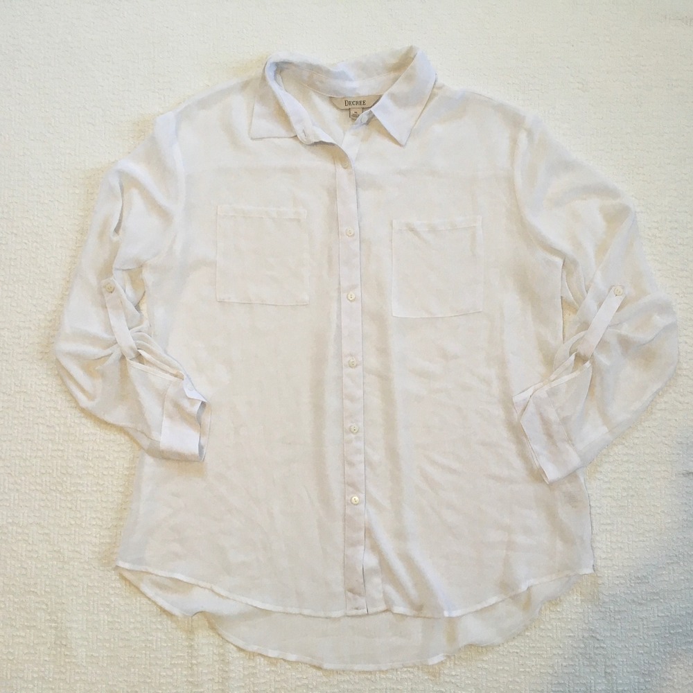 Decree White Sheer Collared Button Down Shirt Womens XL Roll Tab Layering Boho
